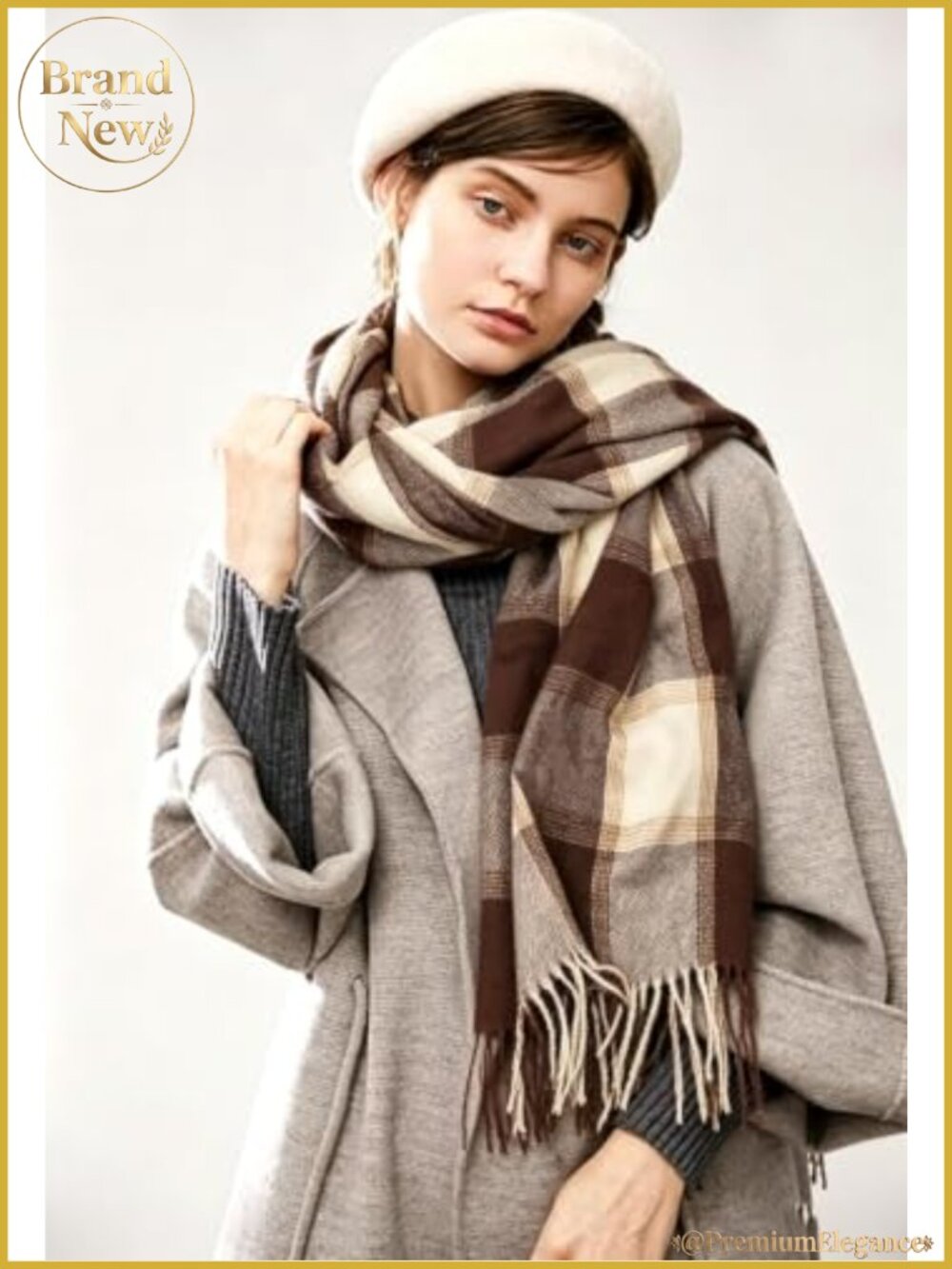 Women's Chunky Plaid Blanket Scarf Shawl Wrap with Fringe - Picture 3 of 5